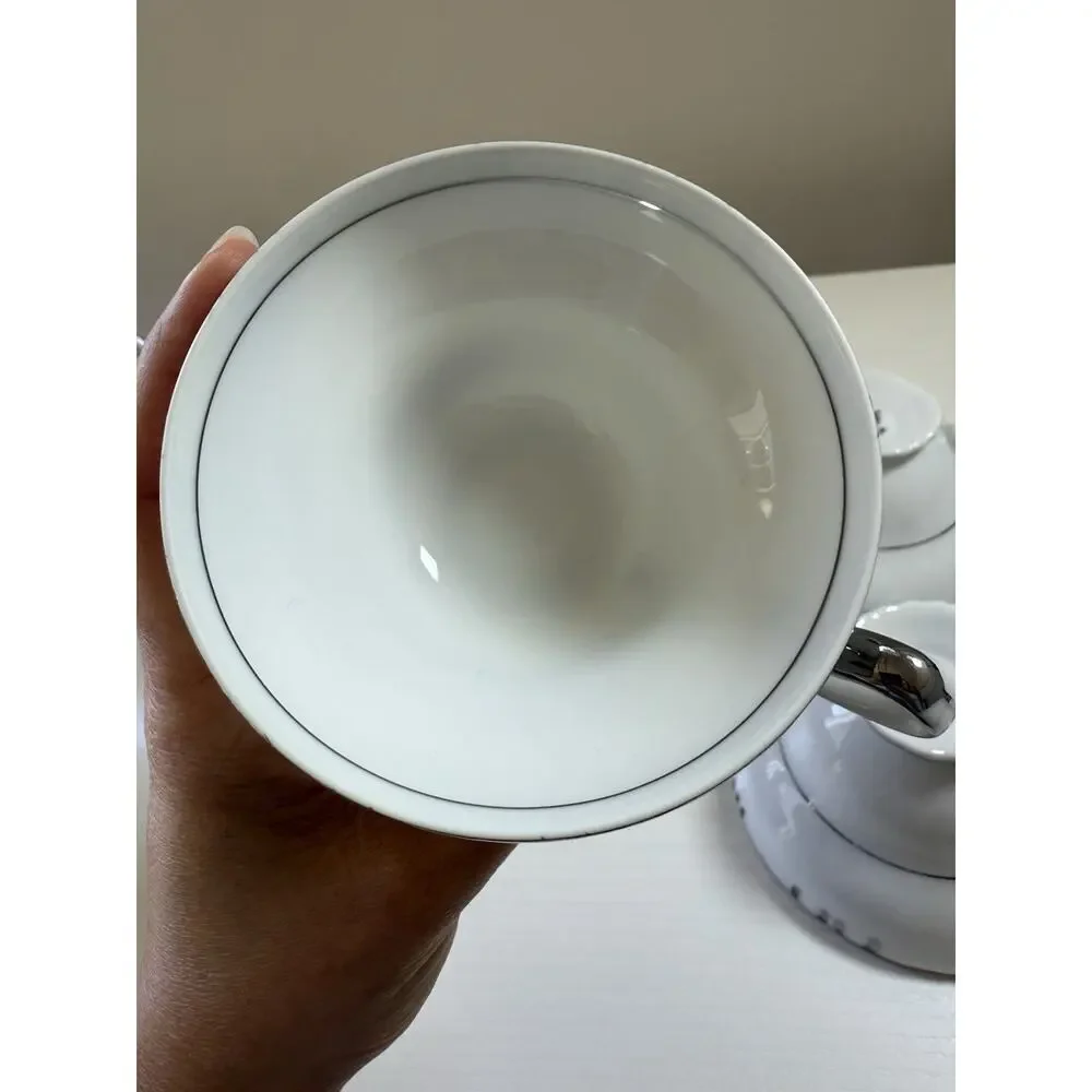 Barony collection by Fine China of Japan Tea Cups White Silver Rim Gray 3.5